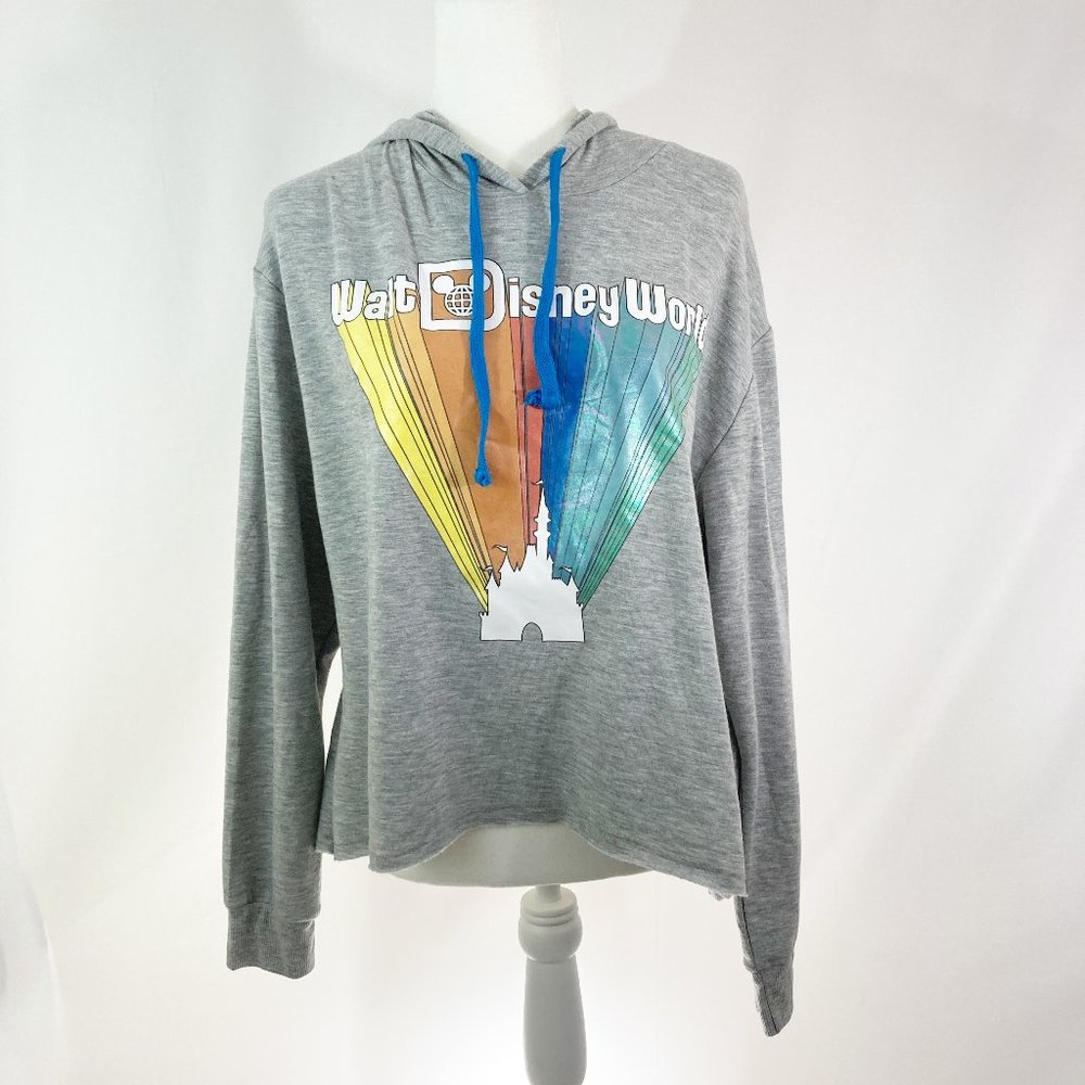 Walt Disney World Lightweight Hoodie Size L Iridescent Castle Graphic Raw Hem